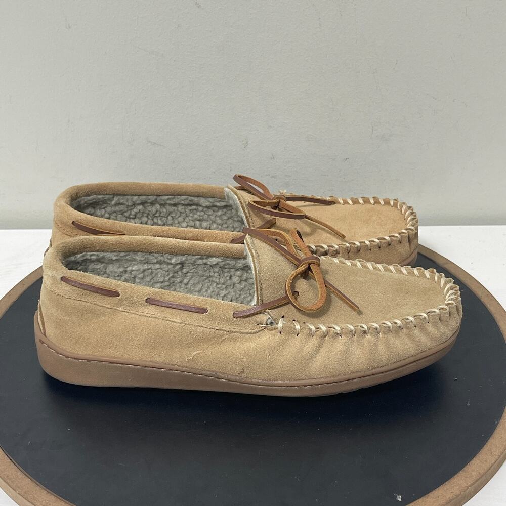Minnetonka‎ Moccasin Slippers Men 9M Leather Faux Fur Lined Beige